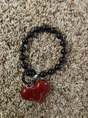 Black Plastic Beaded Bag Charm Key Chain with Red Heart Dangle Charm, Adjustable